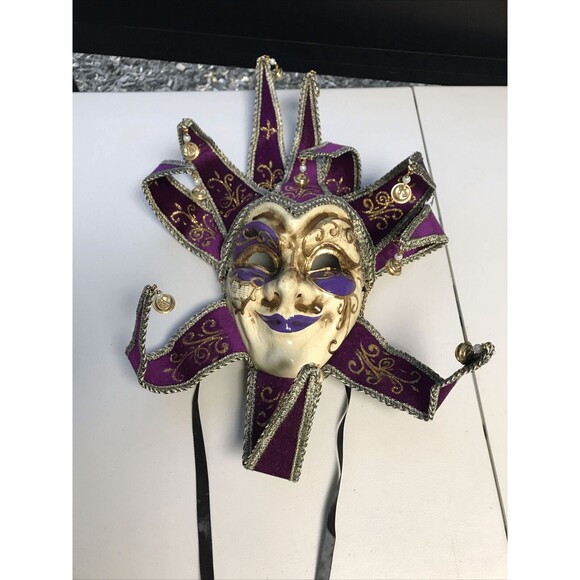 Mardi Gras Luxury Jester Crackle Joker Venetian Masquerade  Mask Jester Gold Purple Carnival Tie Back Adjustable Wall Mounting paper Mache